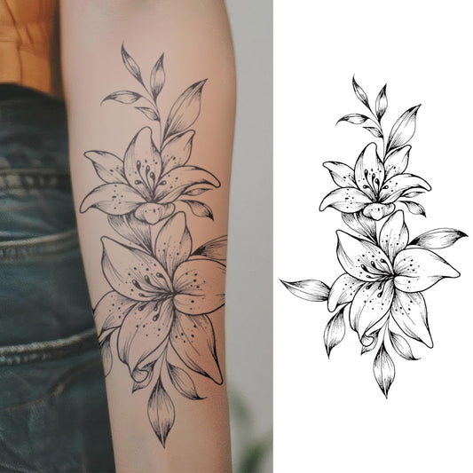 WEEKINK Lily Outline tattoo, large black-and-white floral vine for elegant style