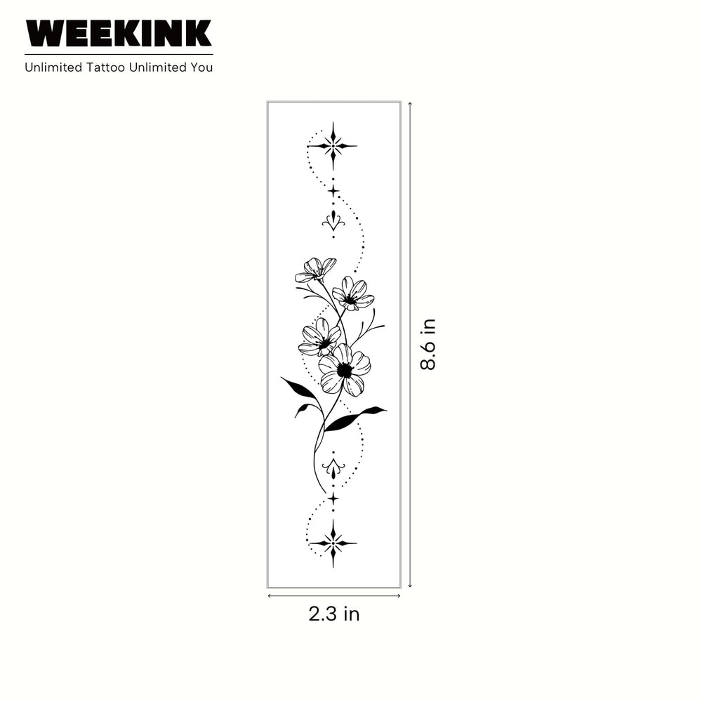 Weekink Spine Flower Tattoo star dot detailing adds an ethereal vibe.