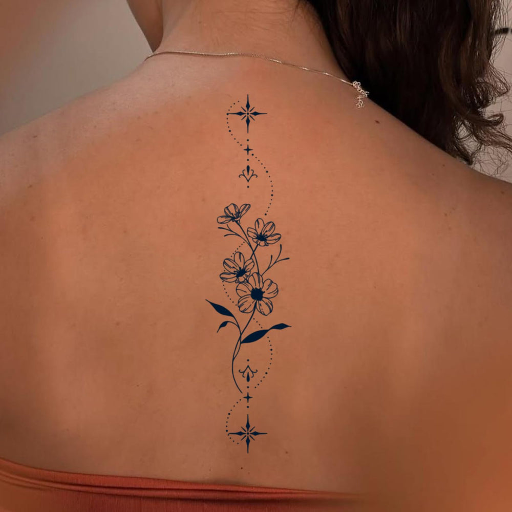 Weekink Spine Flower Tattoo vertical design along the spine for elegant balance.