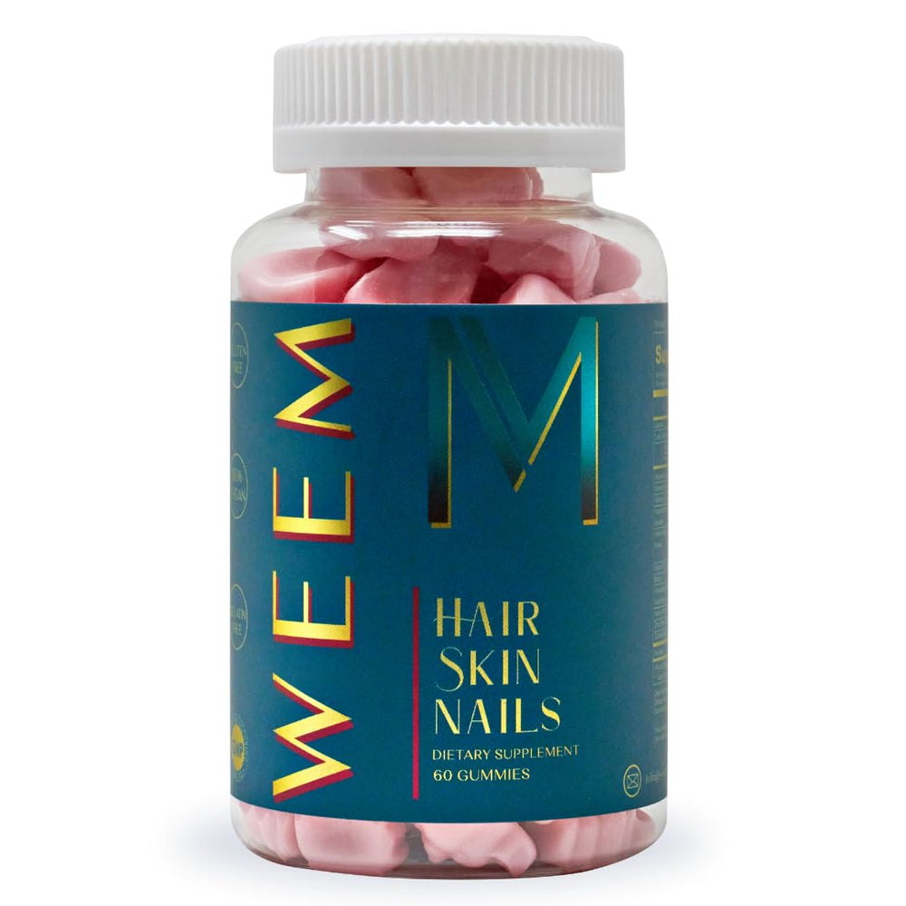 Bottle of WEEM Hair Skin Nails Gummies with label visible