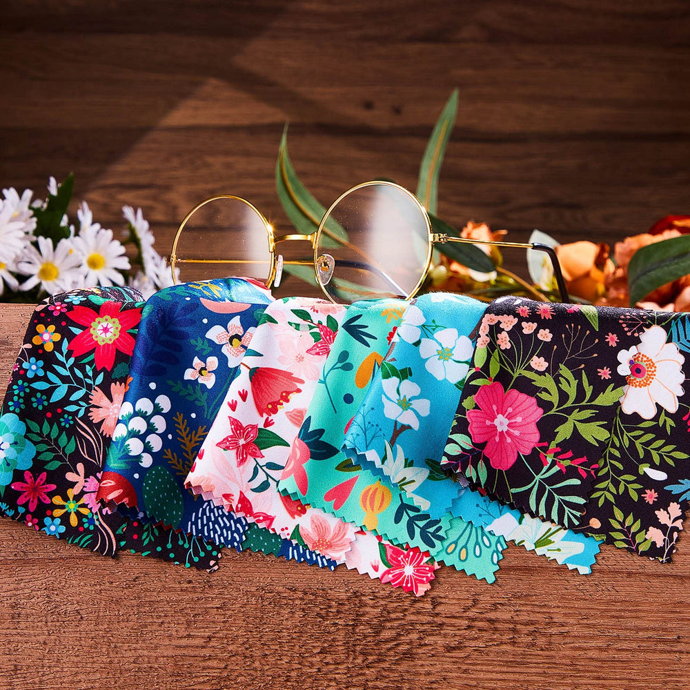 Close-up of floral print microfiber cleaning cloths for glasses