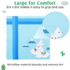 Close-up of llama-themed cleaning cloths showing microfiber texture