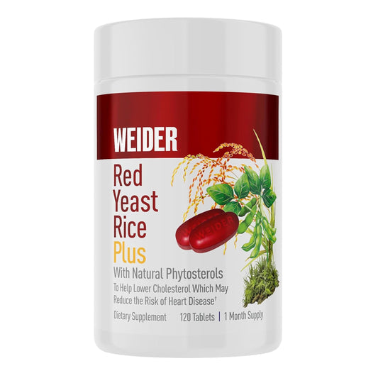 Weider Red Yeast Rice Plus 1200mg bottle label highlighting 850 mg phytosterols