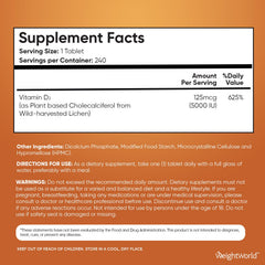 Bottle showing 240 vegetarian Vitamin D3 tablets