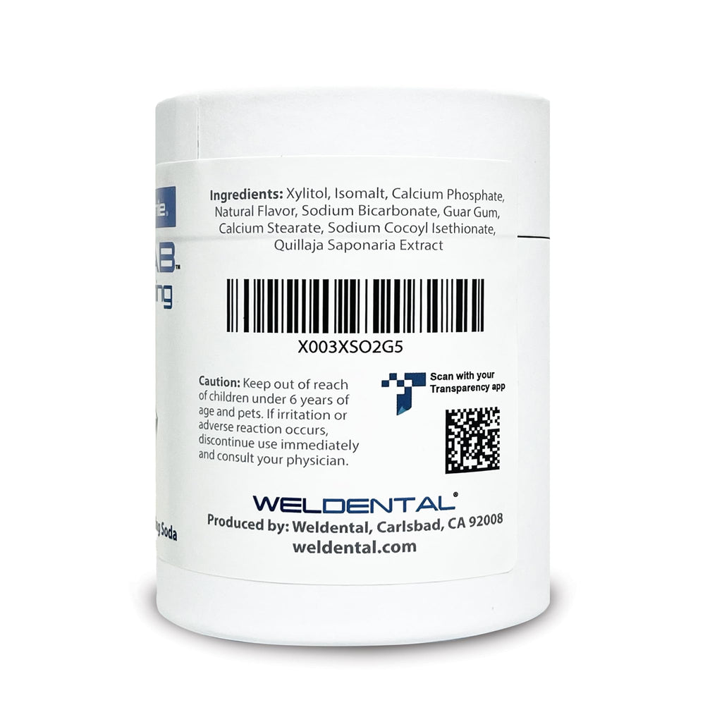 Weldental Chewtab Peppermint 180-count refill – back view with packaging