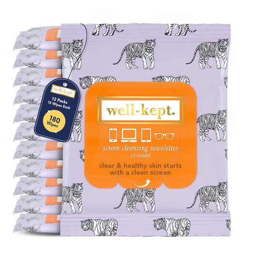 Well-Kept Tech & Lens Wipes hero image showing the 12-pack with Tiger Pose