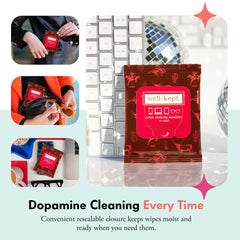 Smartphone screen being cleaned with Well-Kept wipes