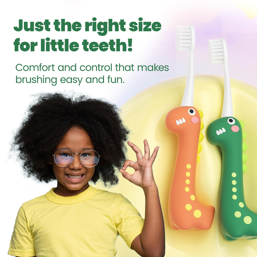 Close-up of ultra-soft 0.12mm bristles on dinosaur toothbrush