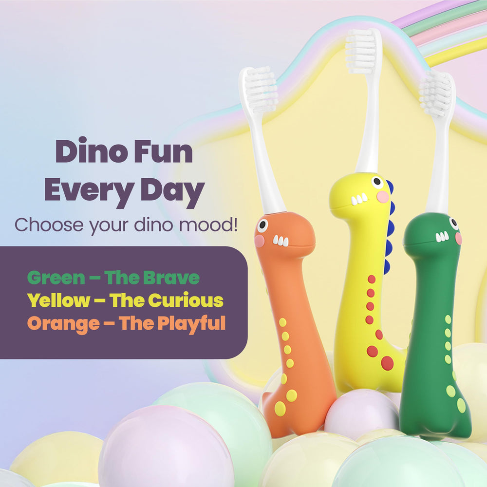 Kid-friendly grip and fun dinosaur design that encourages brushing