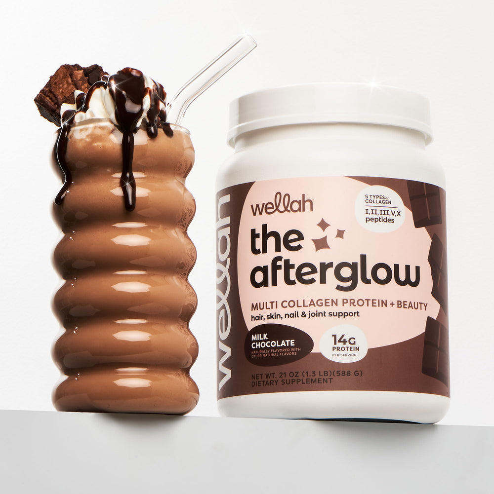 Close-up of ingredients list for Wellah Afterglow Collagen Protein + Beauty