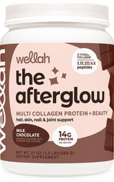 Wellah The Afterglow Multi Collagen Protein + Beauty Chocolate flavor bottle and packaging