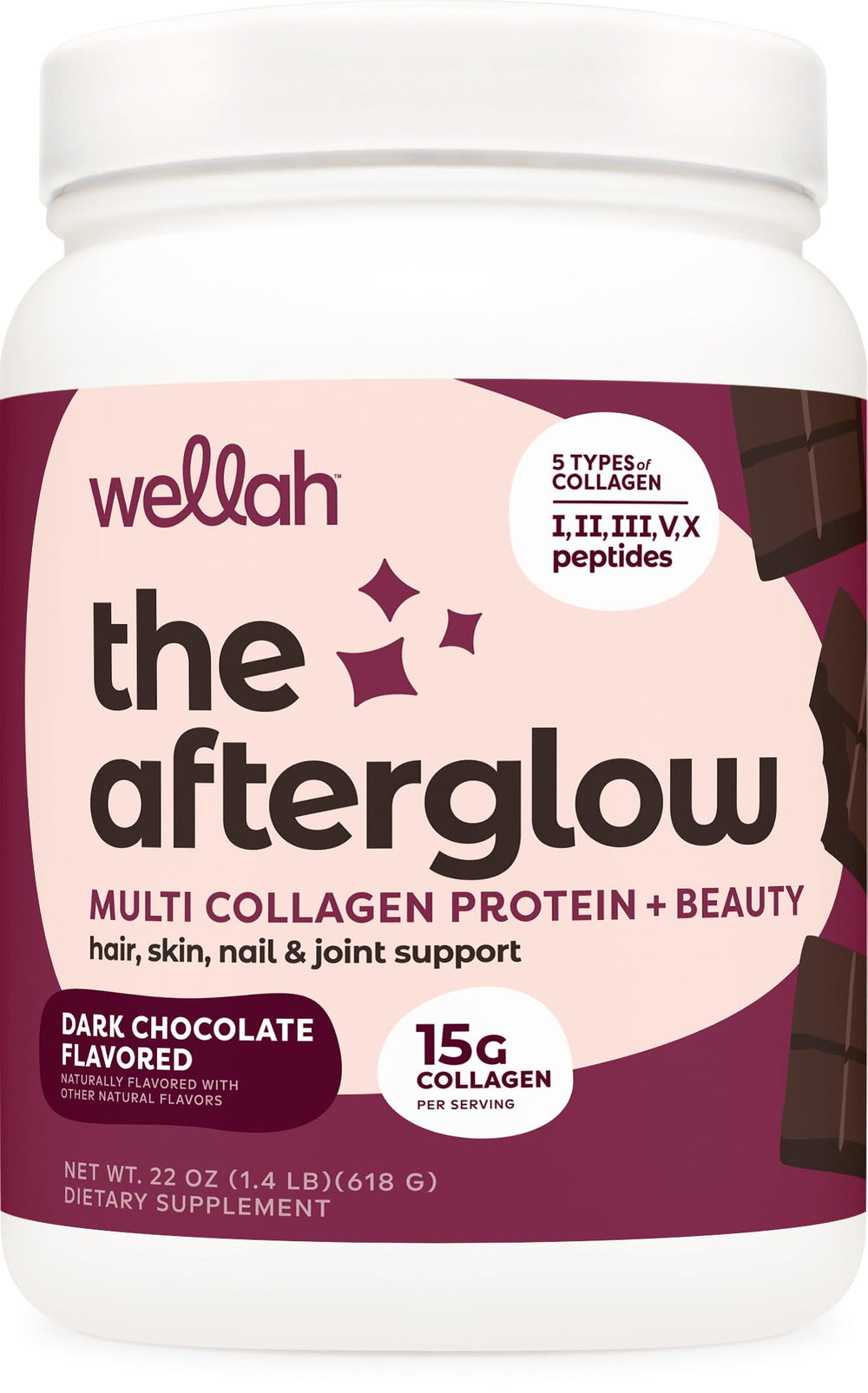 Wellah Afterglow Dark Chocolate Collagen Protein bottle label close-up