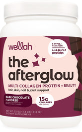 Wellah Afterglow Dark Chocolate Collagen Protein bottle label close-up
