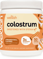 Front view of Wellah Colostrum Cinnamon Roll 50 servings container