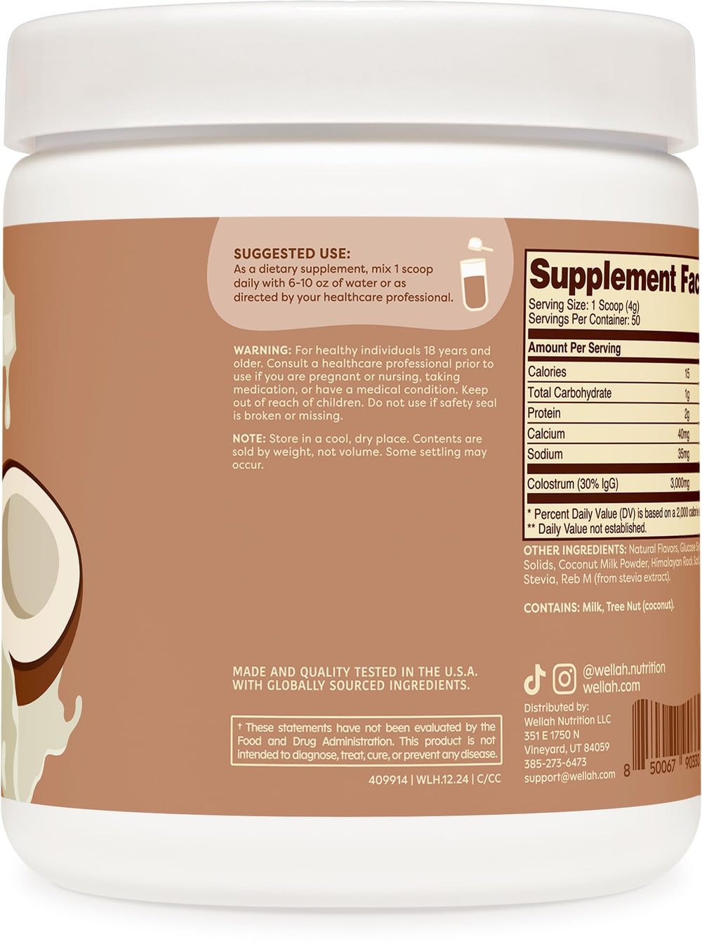 Nutrition panel highlighting 3 g colostrum per serving