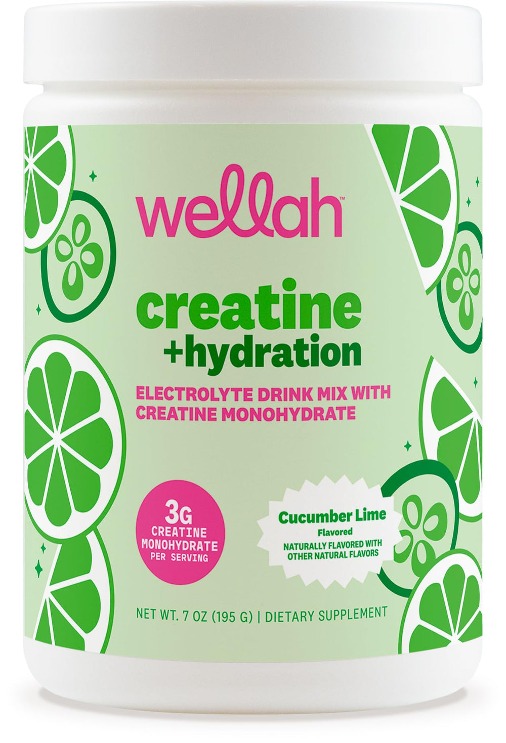 Front view of Wellah Creatine + Hydration Powder Cucumber Lime packaging