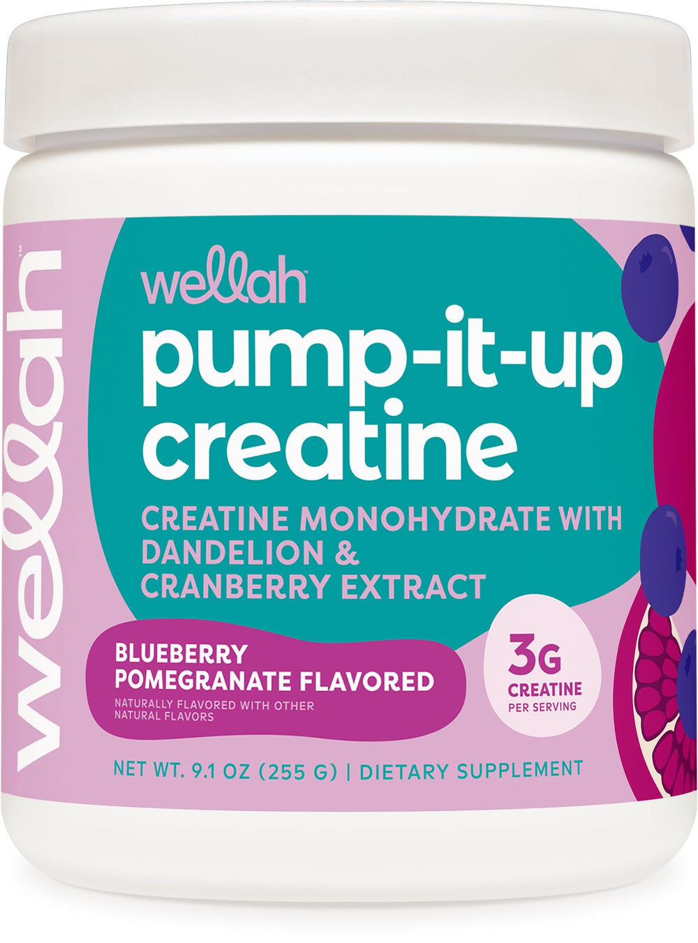Wellah Pump-It-Up Creatine for Women Blueberry Pomegranate bottle, 50 servings