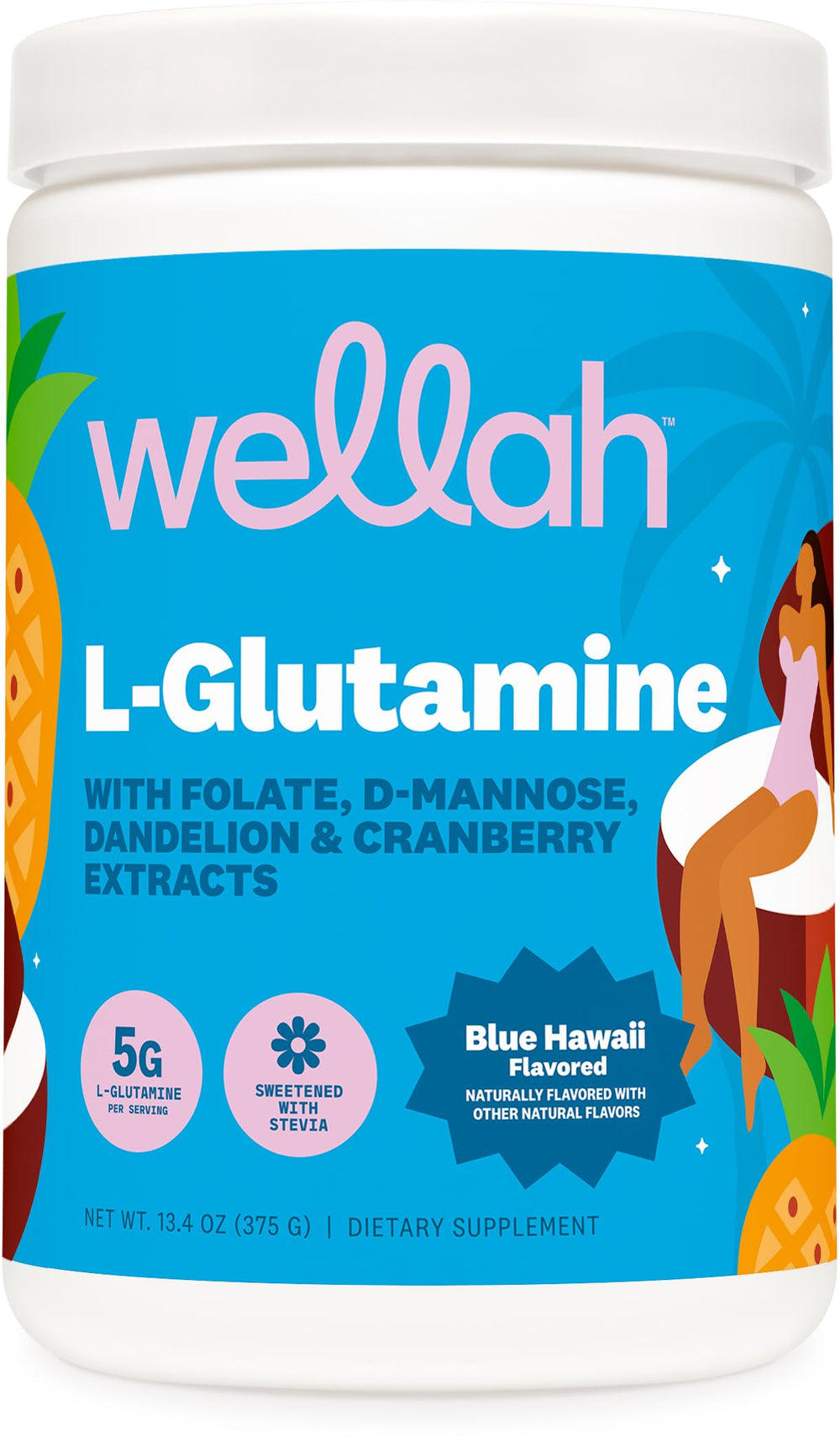 Wellah L-Glutamine Blue Hawaii powder canister label