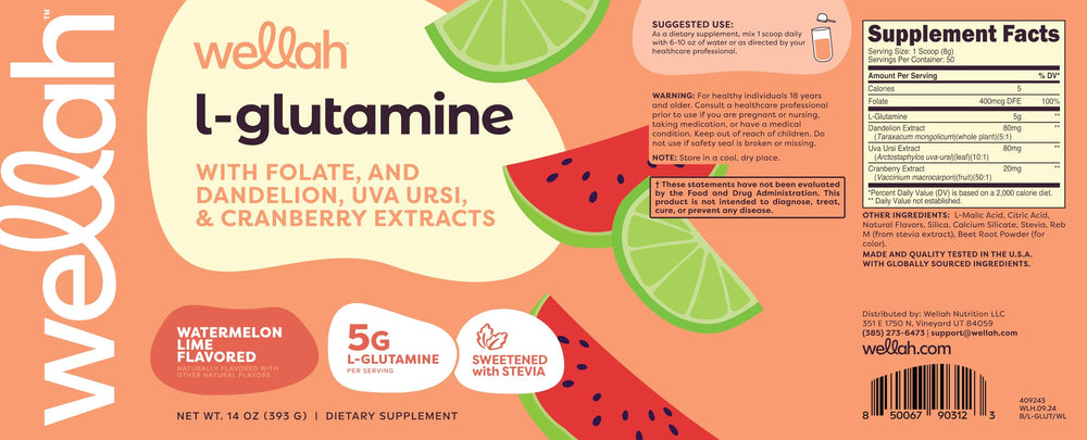 Container of Wellah L-Glutamine Powder Watermelon Lime 50 Servings