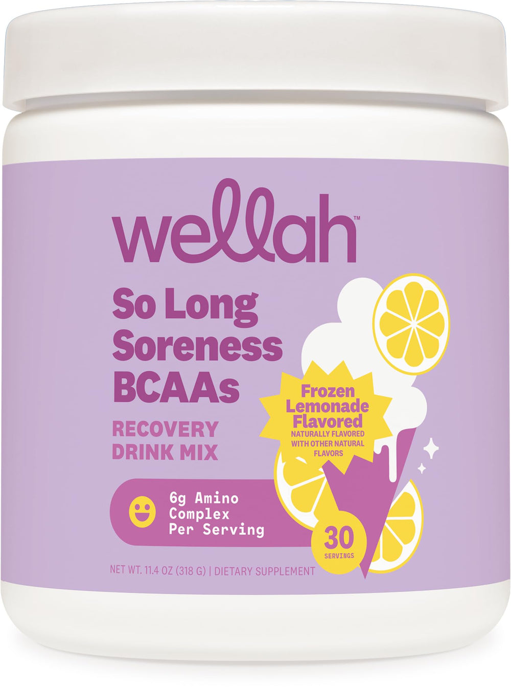 Wellah So Long Soreness BCAA Powder Frozen Lemonade flavor bottle