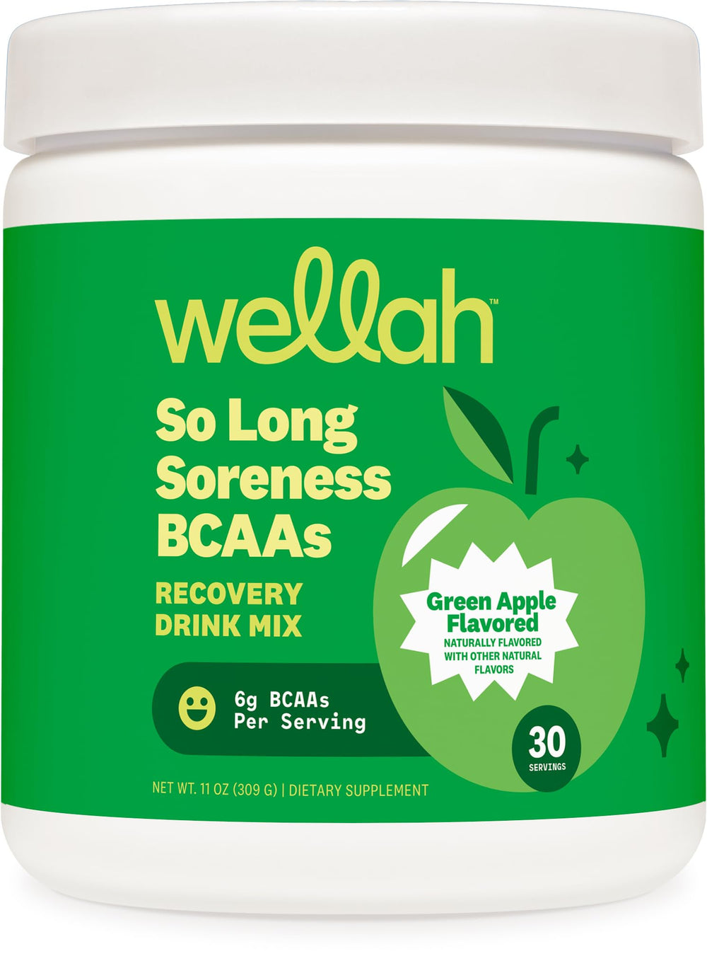 Green Apple flavor Wellah So Long Soreness BCAA Powder bottle – 30 servings