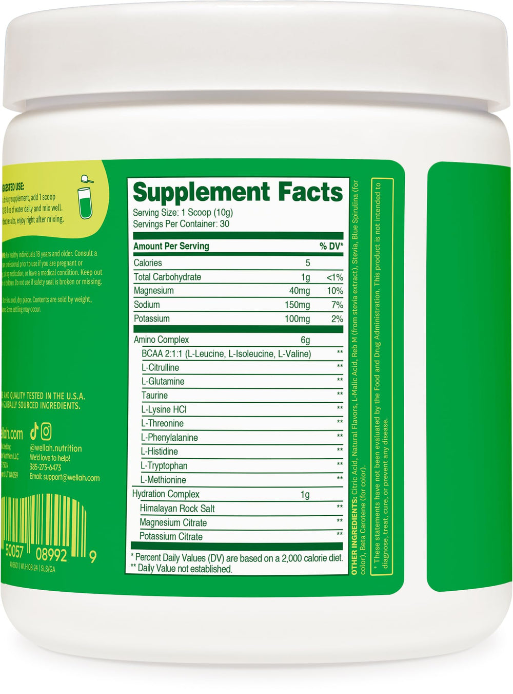Ingredients and amino complex details of Wellah So Long Soreness BCAA Powder