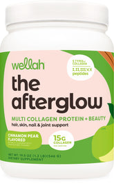 Bottle label of Wellah The Afterglow Multi Collagen Protein + Beauty Cinnamon Pear
