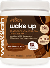 Container of Wellah Wake Up Adaptogenic Mushroom Drink – Mocha flavor with scoop