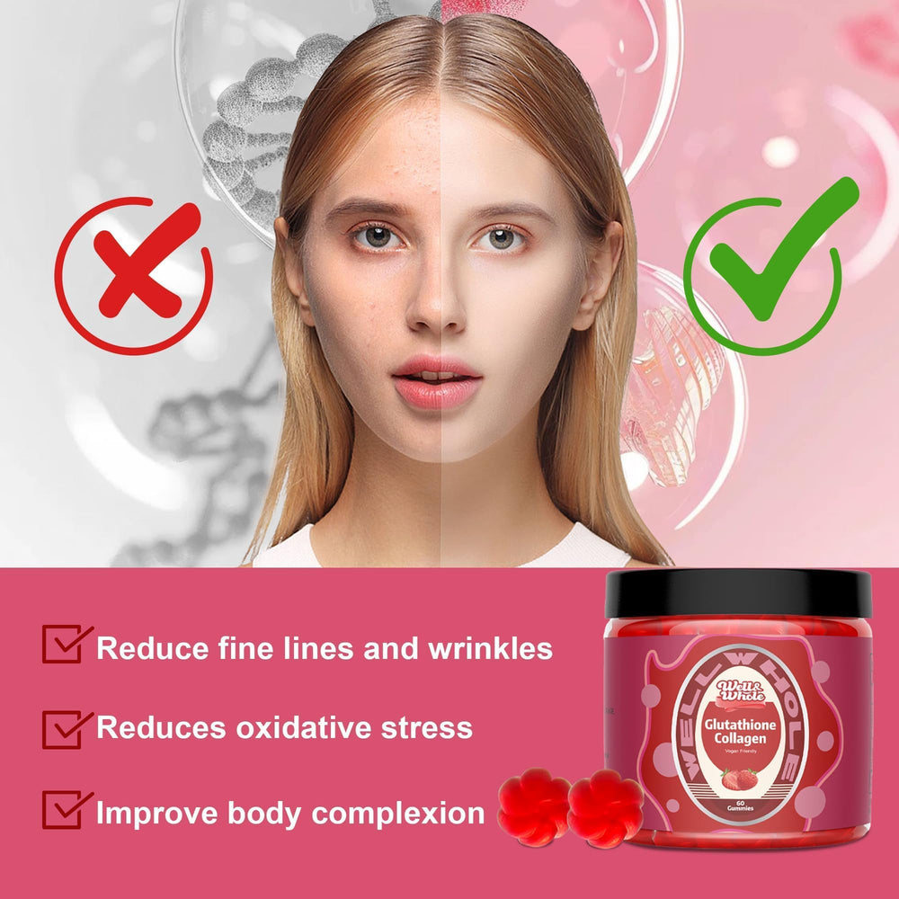 Nutrition panel indicating 500mg glutathione and 1000mg collagen per serving