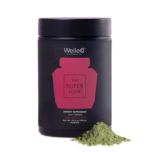 Hero image: WelleCo The Super Elixir Daily Greens Powder in Mixed Berry flavor