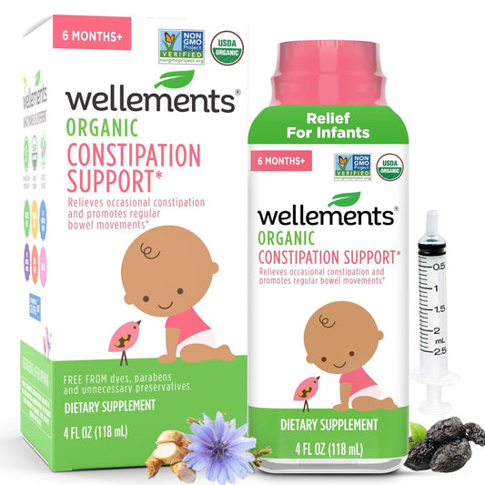 Wellements Organic Constipation Support bottle shown for gentle infant relief