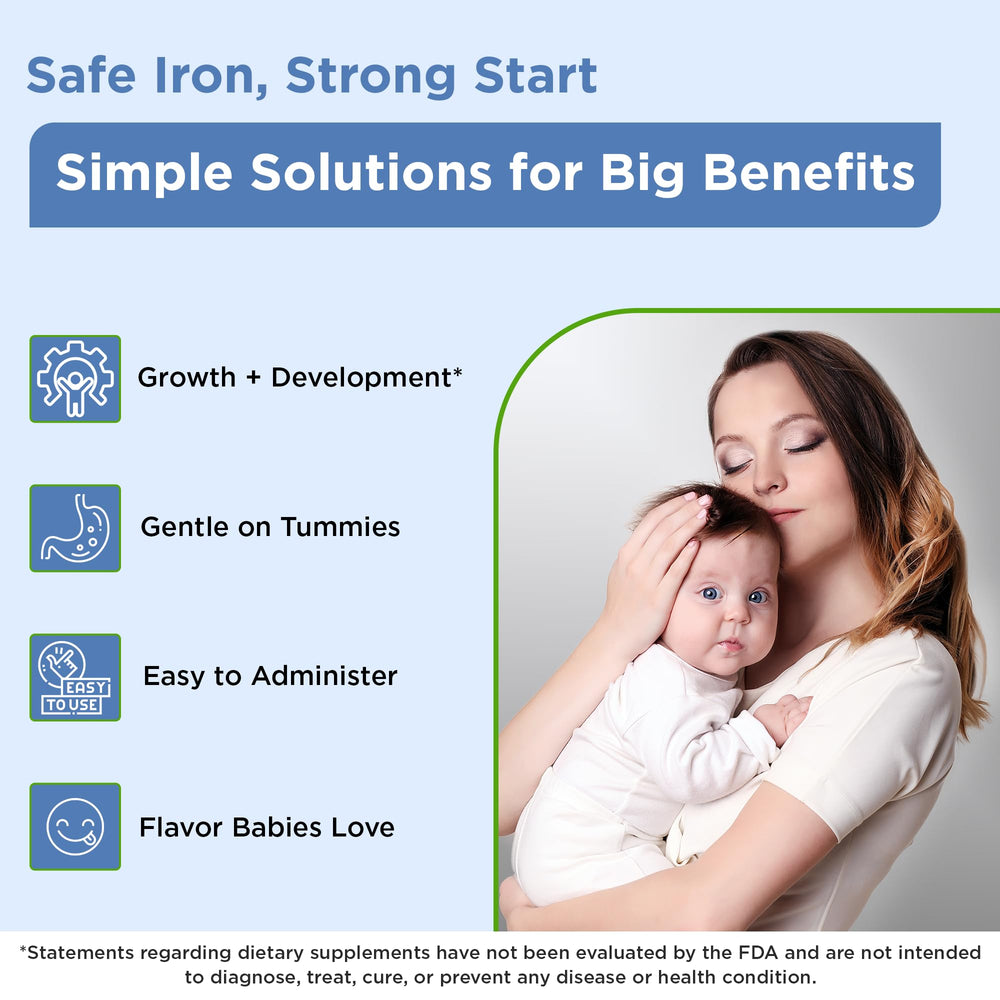 Dropper dispensing cherry-flavored iron drops toward an infant's inner cheek