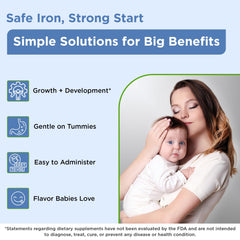 Dropper dispensing cherry-flavored iron drops toward an infant's inner cheek