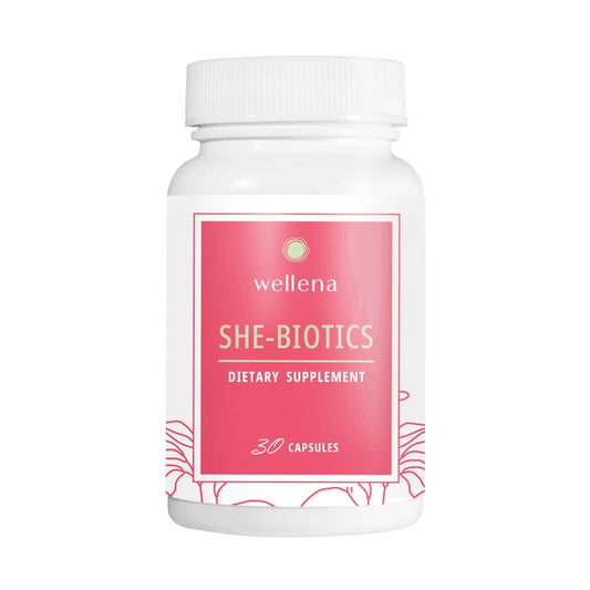 Wellena She-Biotics bottle with label on white background