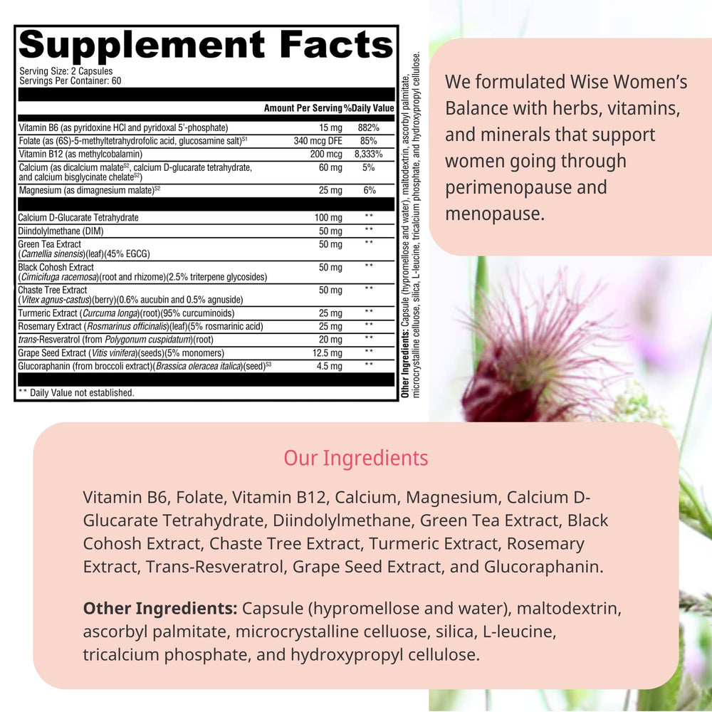 Close-up of Wellena Wise Women’s Balance blend of herbs, vitamins, and minerals