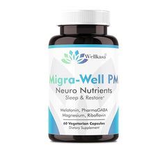 Wellkasa Migra-Well PM bottle and capsules on white background