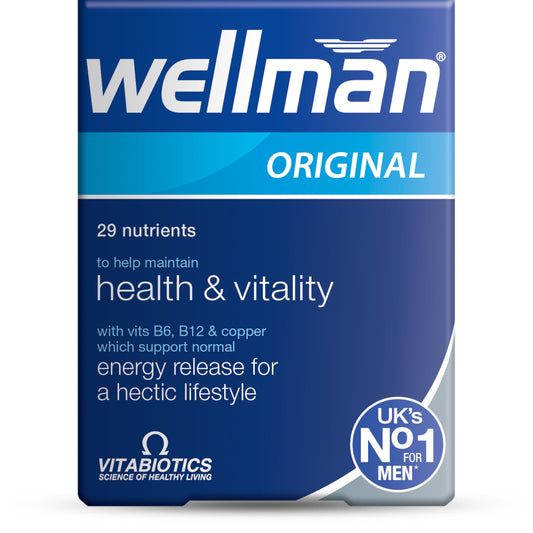 Front view of Vitabiotics Wellman 30 tablets bottle