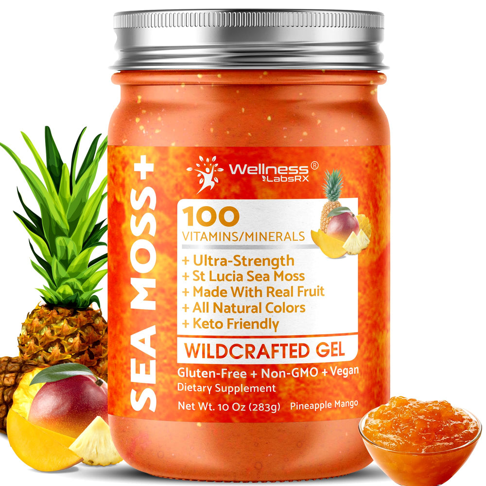 WELLNESS LABSRX Irish Sea Moss Gel Raw Pineapple Mango 10 oz bottle front view
