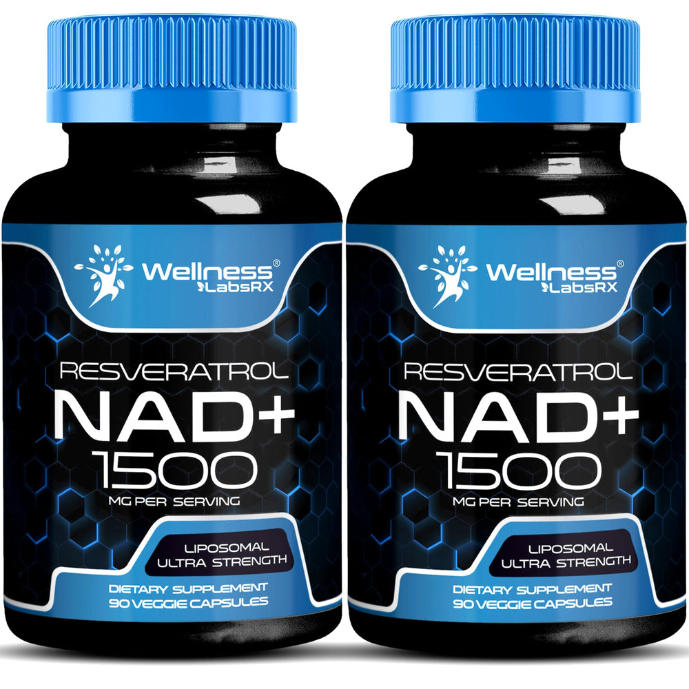 WELLNESS LABSRX liposomal NAD bottle highlighting 1500 mg potency for cellular energy.