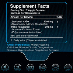 Product package showing WELLNESS LABSRX NAD+ 1500mg liposomal resveratrol