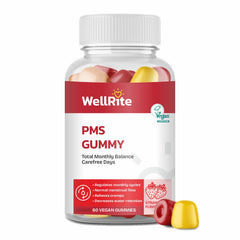 Bottle front of Wellrite PMS Gummy Vitamins with Strawberry flavor, 60-count