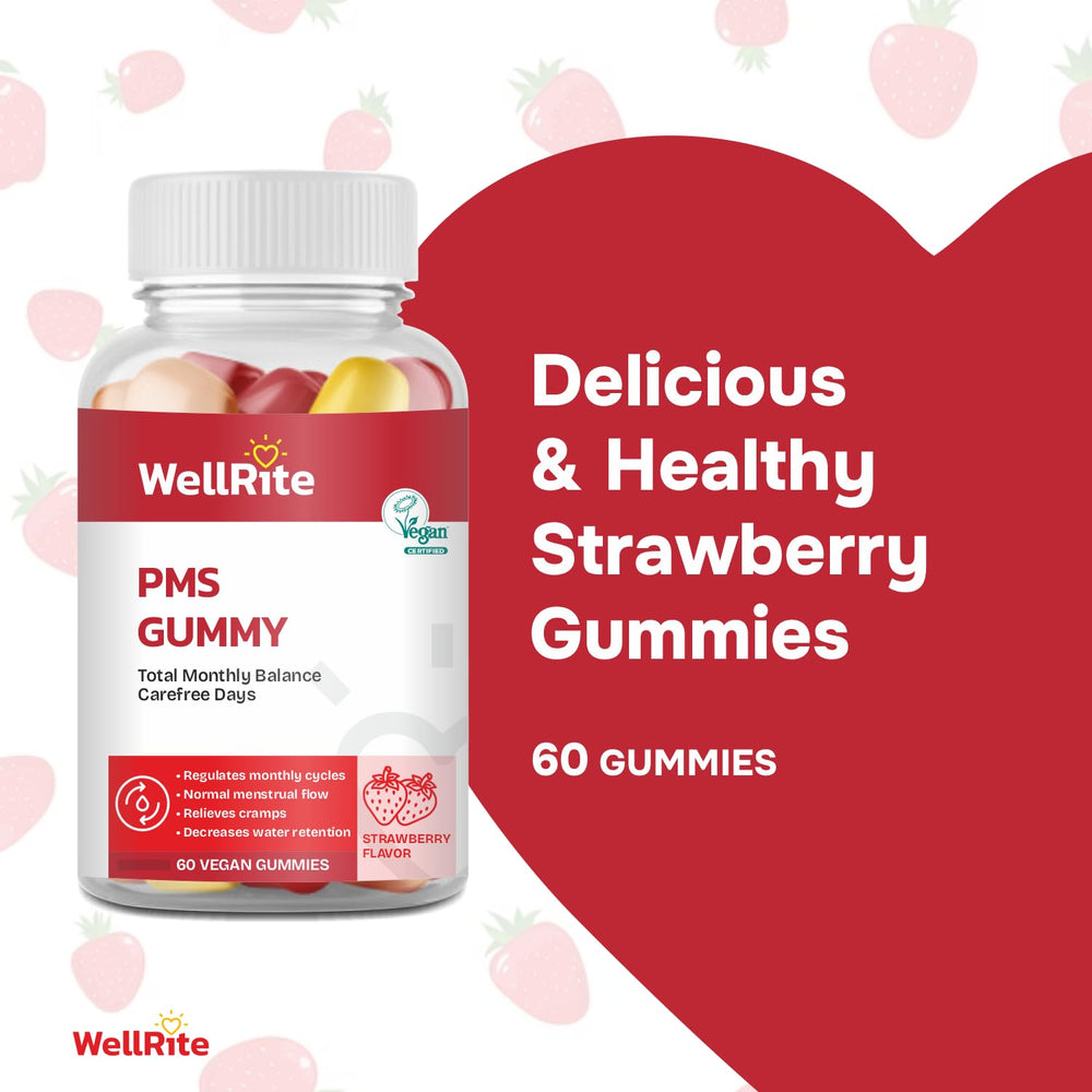 Side view of Wellrite PMS Gummy Vitamins bottle, Strawberry flavor