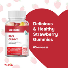 Side view of Wellrite PMS Gummy Vitamins bottle, Strawberry flavor