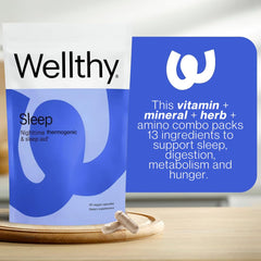 Nighttime setting with Wellthy bottle and glass of water