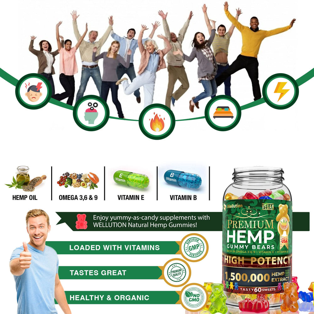 Assorted natural fruity hemp gummy bears in WELLUTION packaging