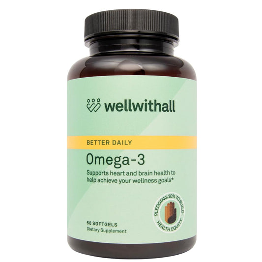 Front view of WellWithAll Omega-3 Fish Oil Softgel bottle with label