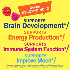 Two chewable B12 gummies for kids with berry flavor