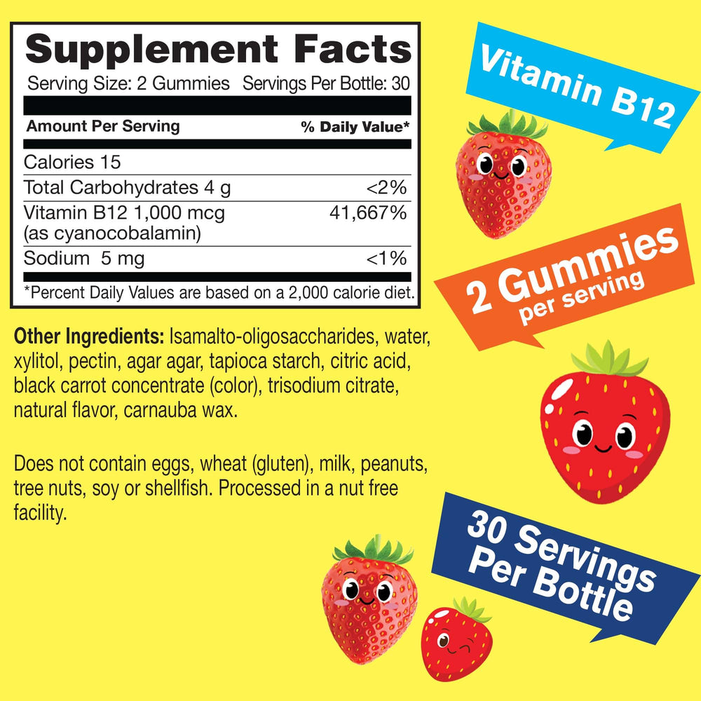 Gummies labeled vegan, non-GMO, sugar-free Vitamin B12 for kids
