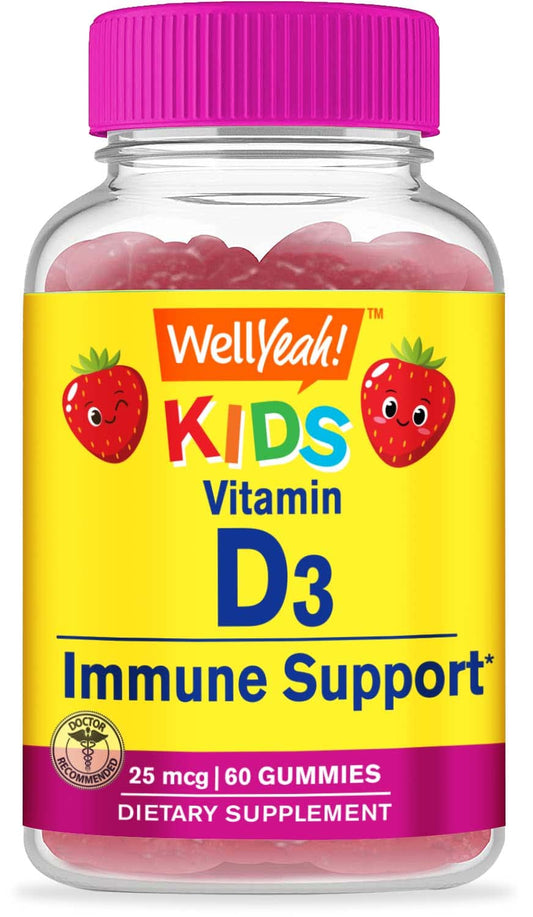 Front label of WellYeah Kids Vitamin D3 Gummies bottle showing 1000 IU