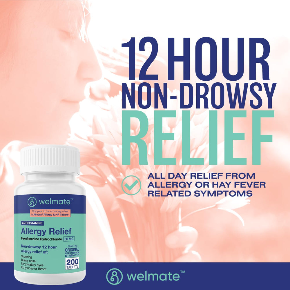 WELMATE allergy pills packaging on shelf highlights gluten-free, OTC allergy solution.